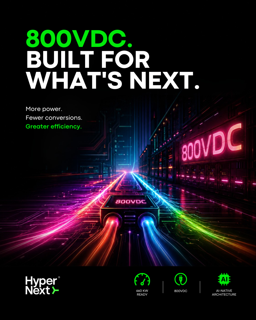 Instagram post — 800VDC. Built for what's next. More power. Fewer conversions. Greater efficiency. Neon-lit data corridor with USB-form connector in the foreground