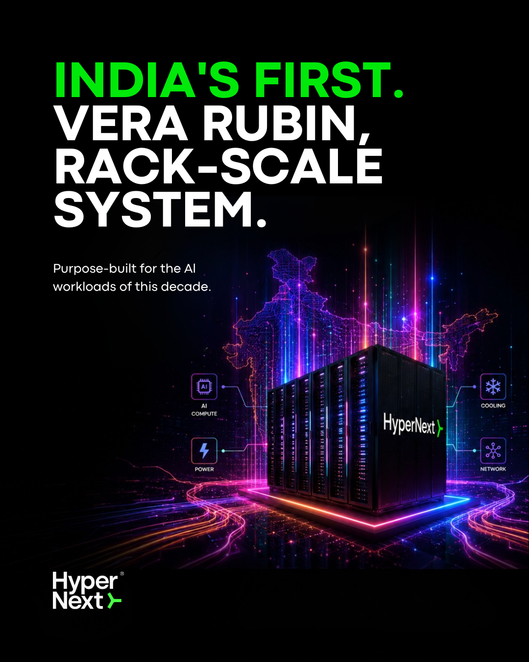 Instagram post — One Platform. Total Control. Introducing HyperOne OS. Centered acid-green Y-mark with Cooling, Power, Compute, Network, Security nodes orbiting