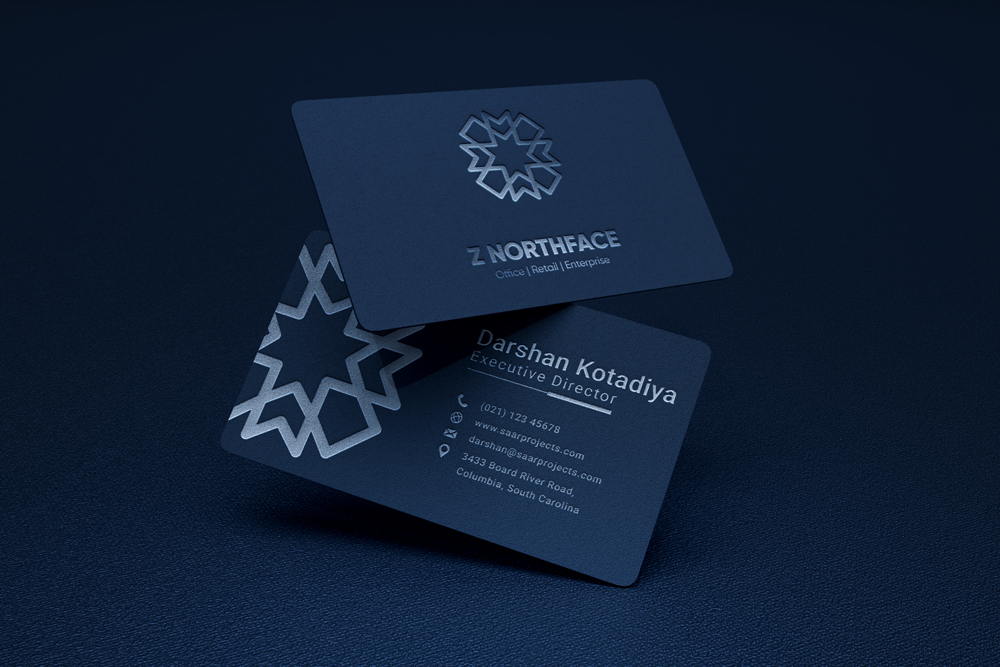 Z Northface business cards — silver-foiled icon and wordmark on Dark Gunmetal stock, premium tactile finish